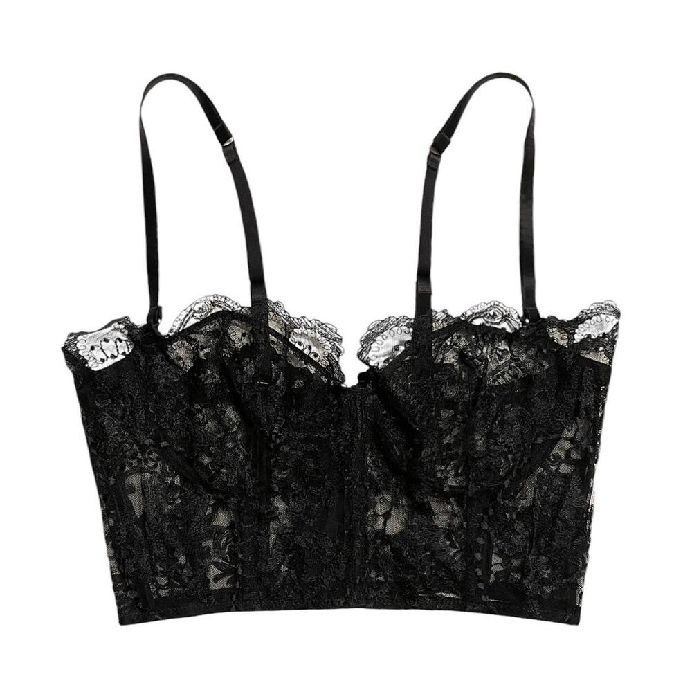 NWT I.D. SARRIERI luxury sheer black lace bustier Size 34B